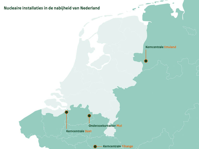 Nucleaire installaties in de nabijheid van Nederland. Bij klikken op de afbeelding opent de vergroting.
