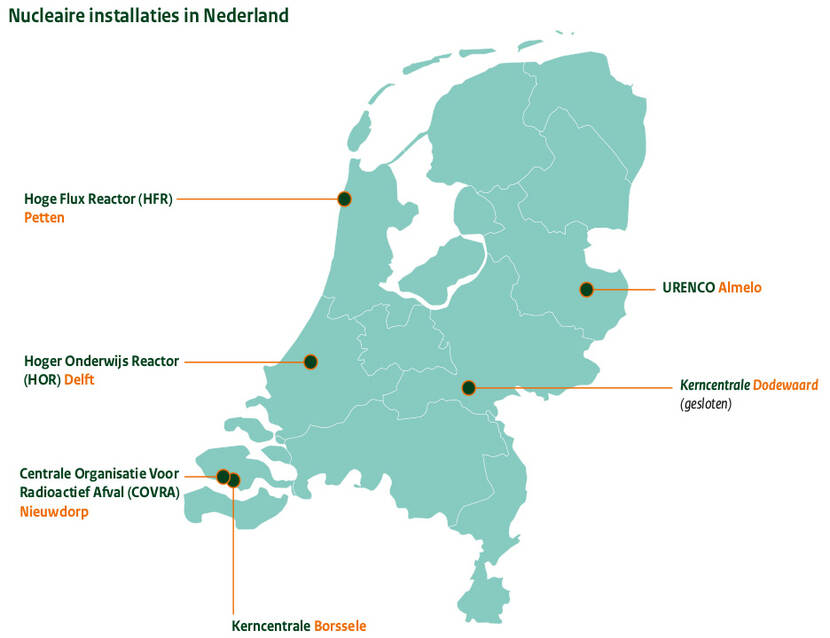 Kaart van Nederland met nucleaire installaties. Bij klikken op de afbeelding opent de vergroting.