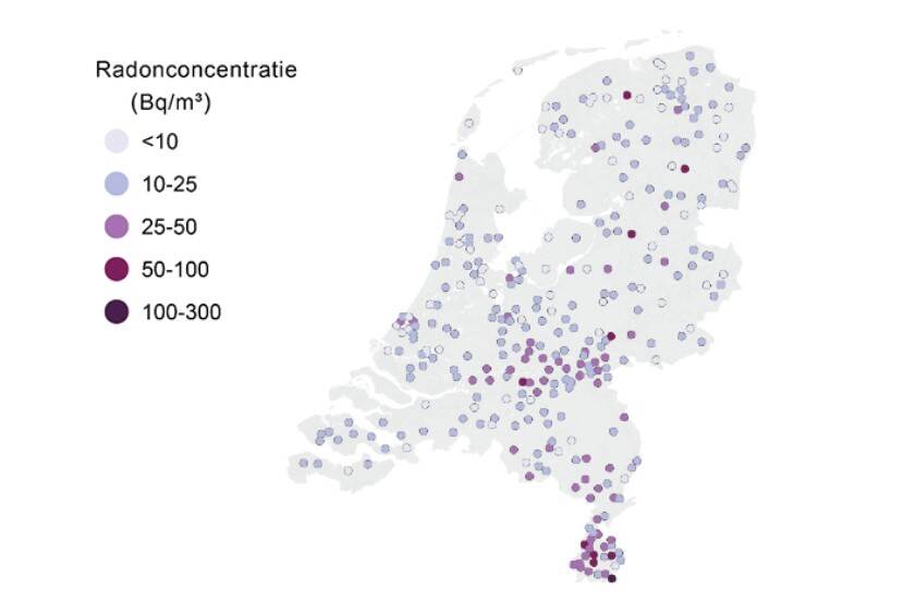 kaartje Nederland met radon met legenda